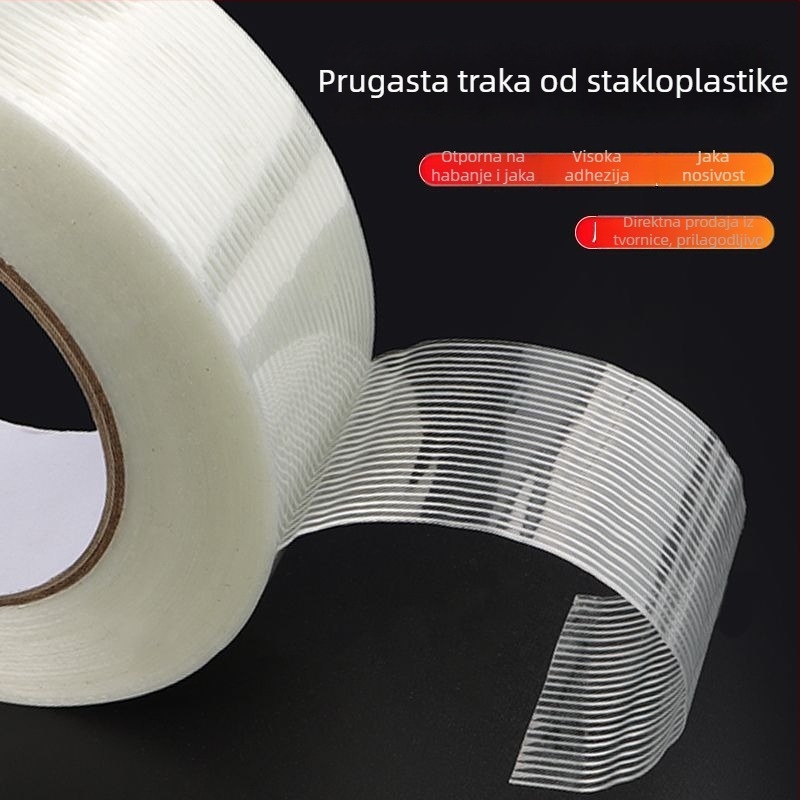 Mrežasta vlaknasta traka za kalupe i električne uređaje — jednostrano prugasta vlaknasta traka s topljivim ljepilom, širina 5–100 mm, duljina 25–50 m, debljina 0.1 mm