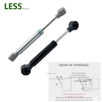 Kratki hidraulični plinski štap za vrata ormarića (model LS612) — tijelo od hladno valjanog čelika, kompatibilno s aluminijskim okvirom, 60/80/100N