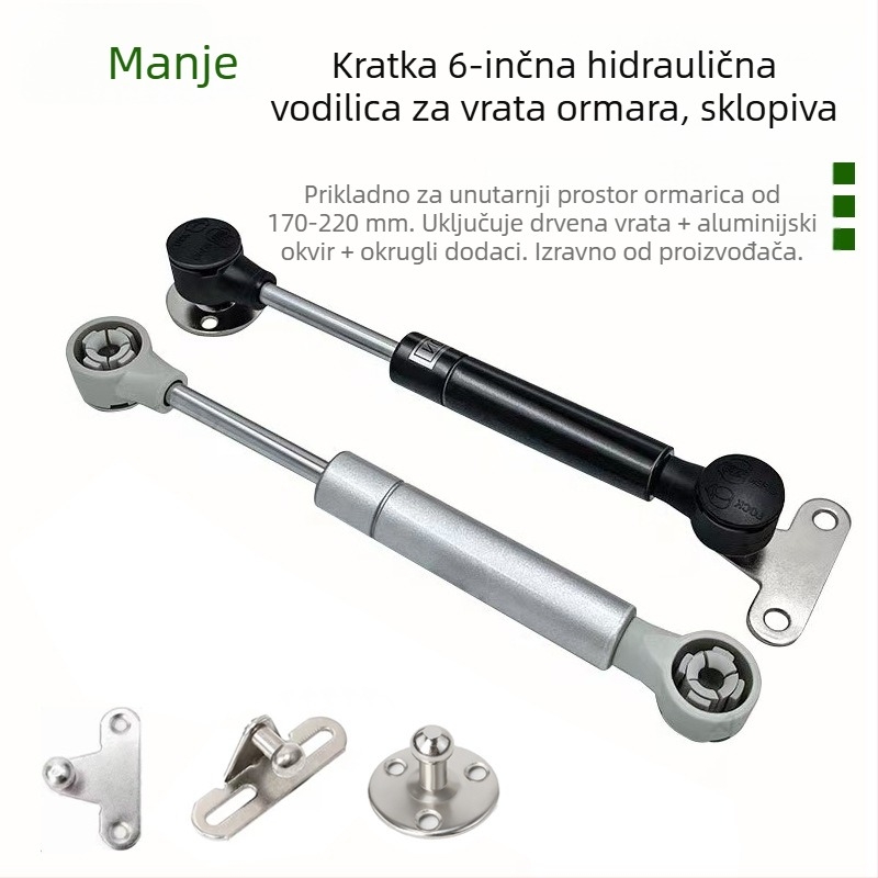 Kratki hidraulični plinski štap za vrata ormarića (model LS612) — tijelo od hladno valjanog čelika, kompatibilno s aluminijskim okvirom, 60/80/100N