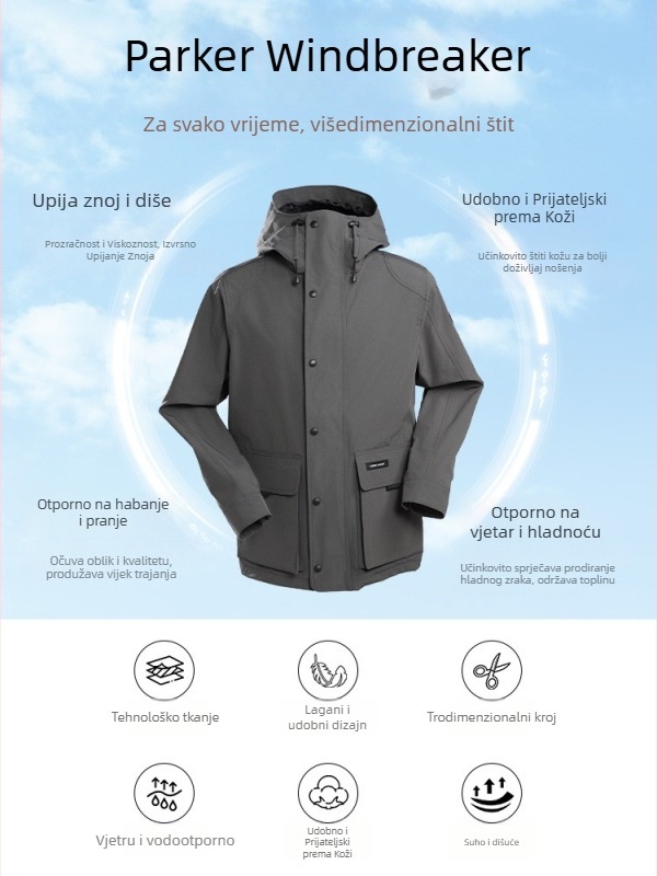 Vjetrovita jakna s kapuljom i zatvaračem, vodootporna i otporna na vjetar, poliester-vuna mješavina tkanine