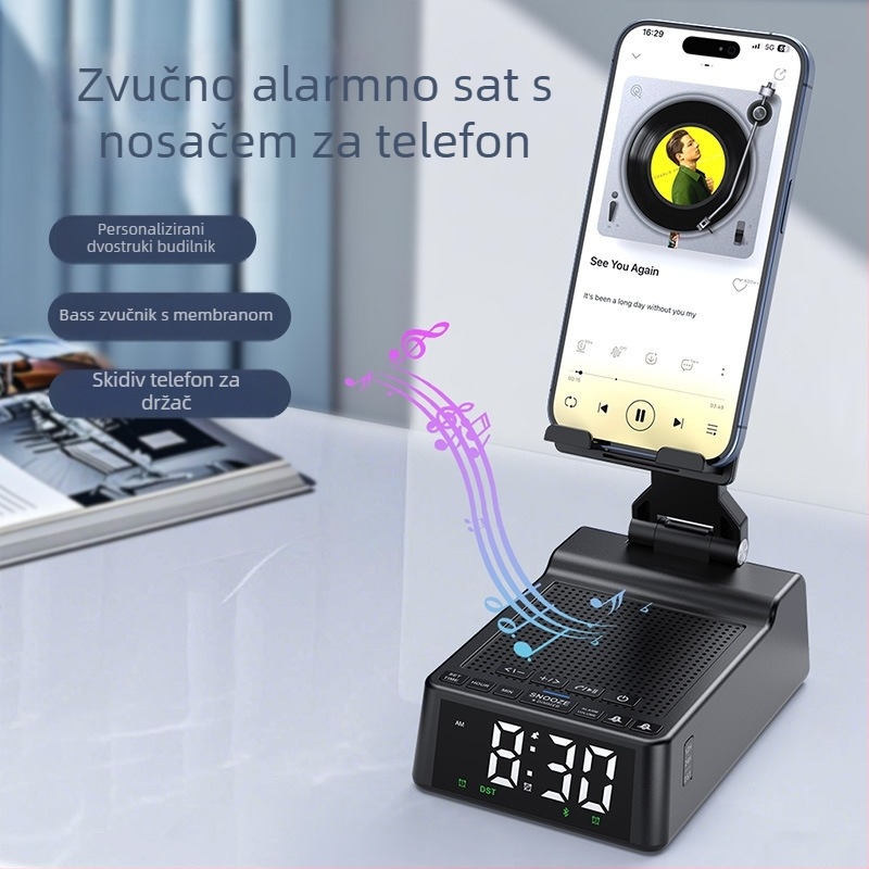 Držač za telefon s Bluetooth zvučnikom i budilicom — 3 u 1 stolni uređaj, Bluetooth 5.3, 6 W, ugrađena baterija 1200–2000 mAh, frekvencijski odziv 100 Hz–20 kHz, doseg 10 m