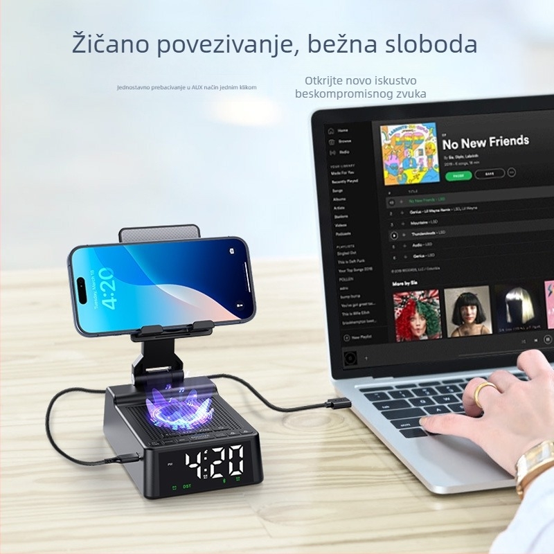 Držač za telefon s Bluetooth zvučnikom i budilicom — 3 u 1 stolni uređaj, Bluetooth 5.3, 6 W, ugrađena baterija 1200–2000 mAh, frekvencijski odziv 100 Hz–20 kHz, doseg 10 m