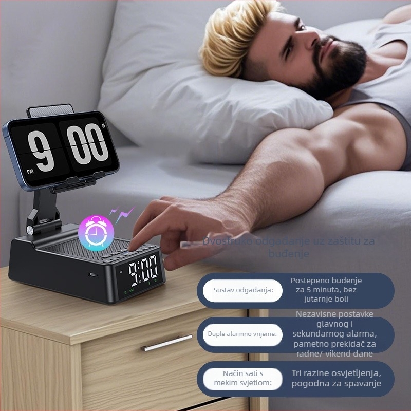 Držač za telefon s Bluetooth zvučnikom i budilicom — 3 u 1 stolni uređaj, Bluetooth 5.3, 6 W, ugrađena baterija 1200–2000 mAh, frekvencijski odziv 100 Hz–20 kHz, doseg 10 m
