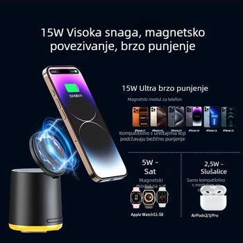 3-u-1 bežični punjač sa Bluetooth zvučnikom | Snaga 5W | Bluetooth 5.3 | Ugrađena baterija 300–500 mAh | Frekvencijski odziv 100 Hz–20 kHz | Domet 10 m