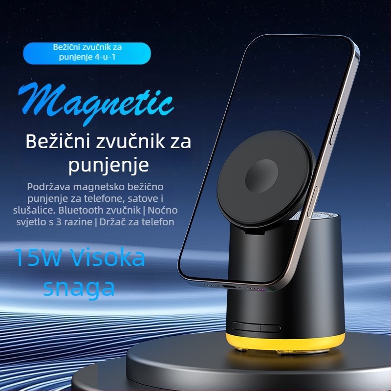 3-u-1 bežični punjač sa Bluetooth zvučnikom | Snaga 5W | Bluetooth 5.3 | Ugrađena baterija 300–500 mAh | Frekvencijski odziv 100 Hz–20 kHz | Domet 10 m