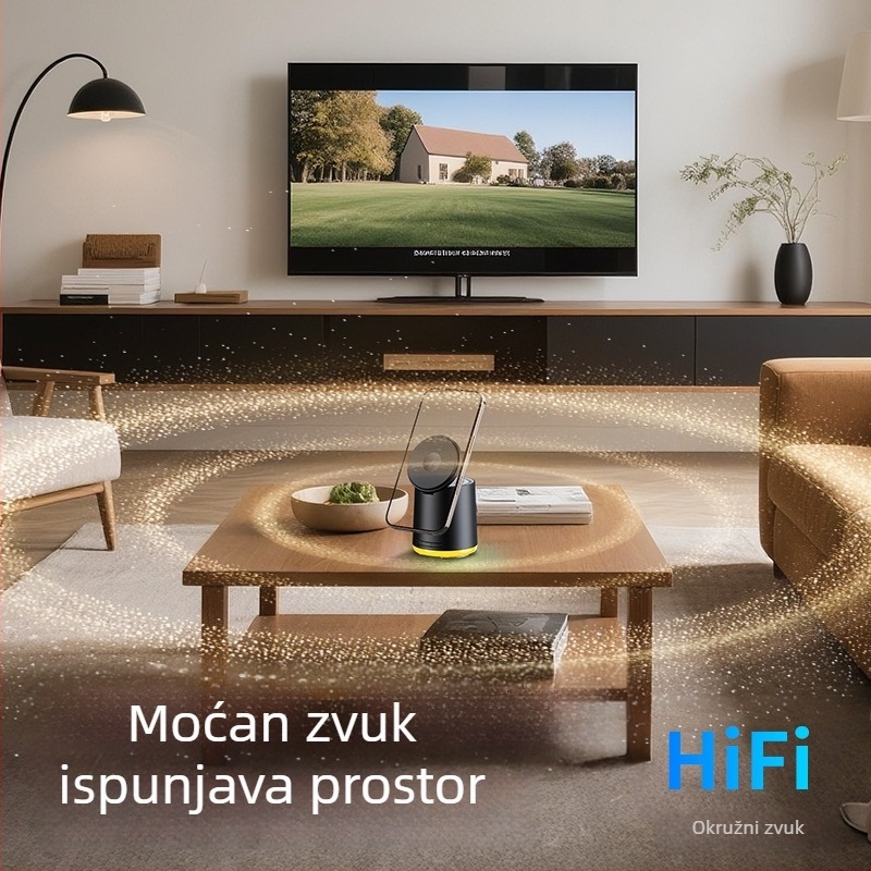 3-u-1 bežični punjač sa Bluetooth zvučnikom | Snaga 5W | Bluetooth 5.3 | Ugrađena baterija 300–500 mAh | Frekvencijski odziv 100 Hz–20 kHz | Domet 10 m