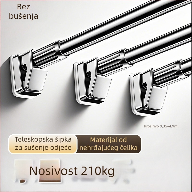 Teleskopska bočna montaža kupaonska šipka za sušenje odjeće, nehrđajući čelik, bez bušenja, fiksna, ravna šipka
