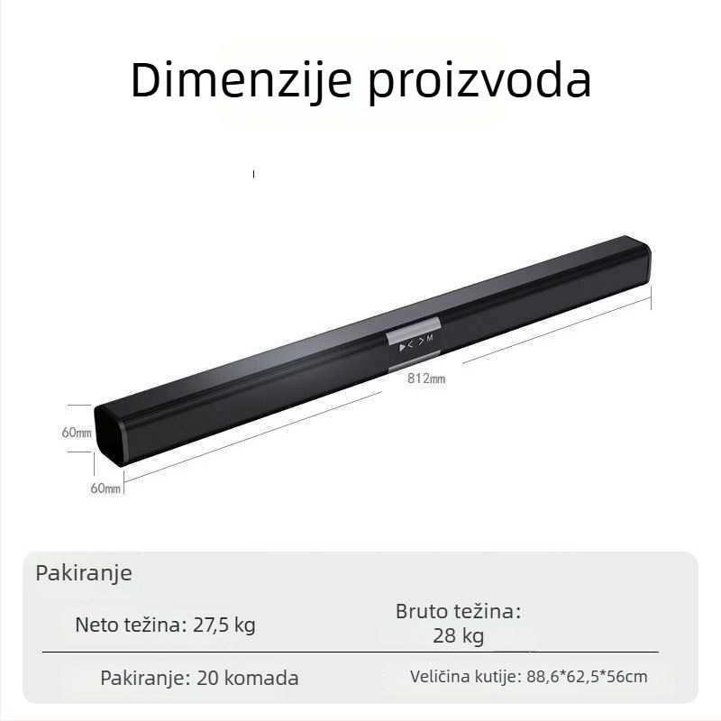 Bluetooth zvučna traka za kućno kino s ugrađenom baterijom 6000mAh, 8W, Bluetooth 5.0, frekvencijski raspon 30Hz-15kHz, SNR ≥60dB, domet do 15 m