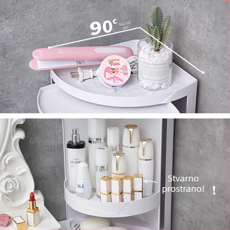 Tri-etažni zidni rotirajući organizator za stolnu organizaciju i kutnu pohranu, pogodan za kupaonicu i kuhinju.