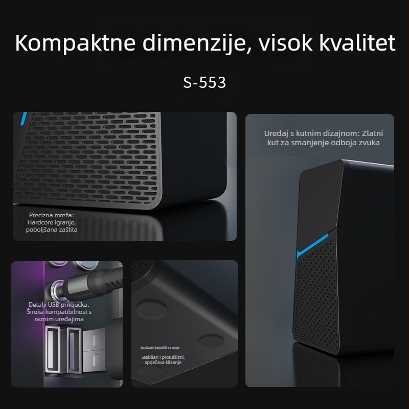 Računalni stolni zvučnik s žičanim upravljanjem, dvostruki zvučnik i subwoofer; MP3 reprodukcija, AV sučelje, ulaz 5V, maksimalna snaga 6W