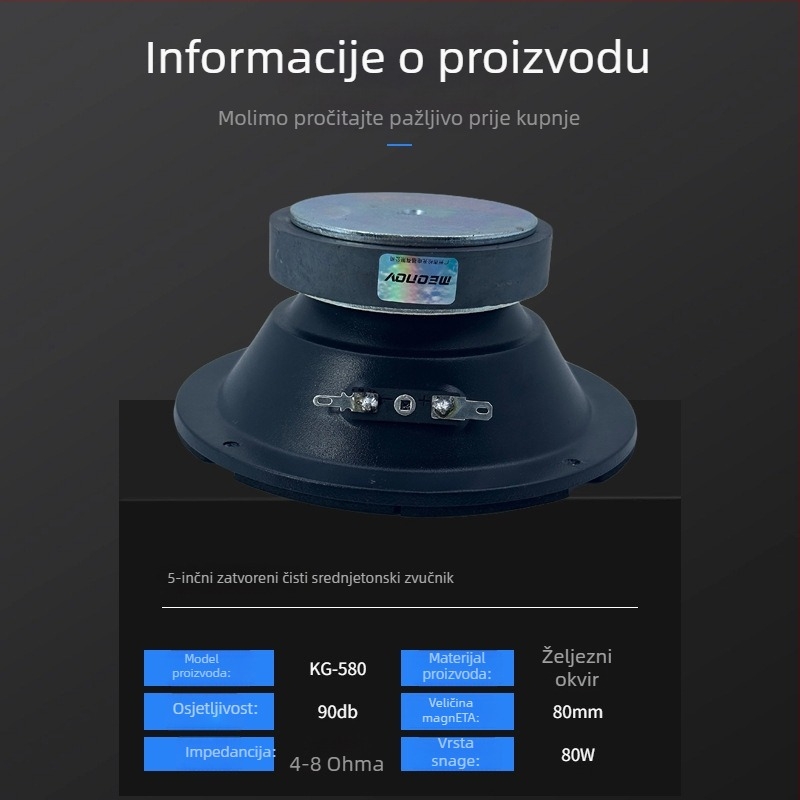 MEONOV zatvoren okvir srednjetonski HiFi podni zvučnik za kućni kino, membrana od materijala bez papira, vanjski magnetski sustav
