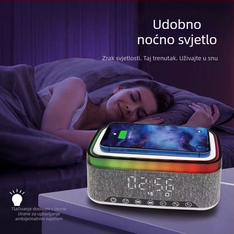 A911 Bluetooth zvučnik s bežičnim punjenjem, digitalnim satom i ambijentalnim svjetlom – 3-u-1, Bluetooth 5.0, ugrađena baterija 1000–1200 mAh, 7W, 60 Hz–15 kHz