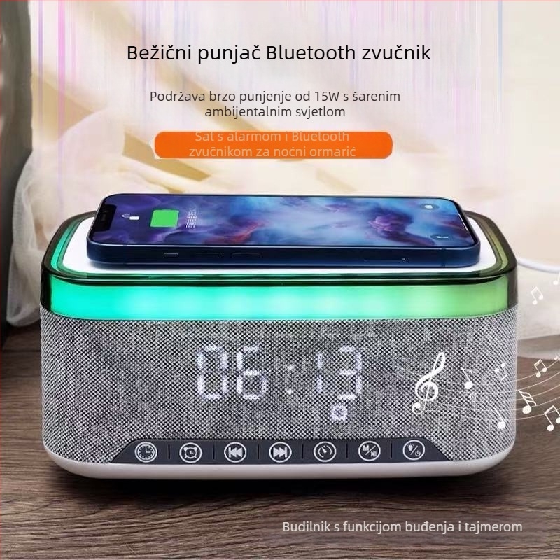 A911 Bluetooth zvučnik s bežičnim punjenjem, digitalnim satom i ambijentalnim svjetlom – 3-u-1, Bluetooth 5.0, ugrađena baterija 1000–1200 mAh, 7W, 60 Hz–15 kHz