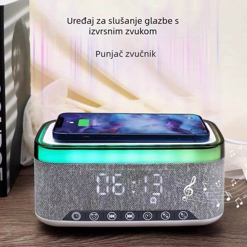 A911 Bluetooth zvučnik s bežičnim punjenjem, digitalnim satom i ambijentalnim svjetlom – 3-u-1, Bluetooth 5.0, ugrađena baterija 1000–1200 mAh, 7W, 60 Hz–15 kHz