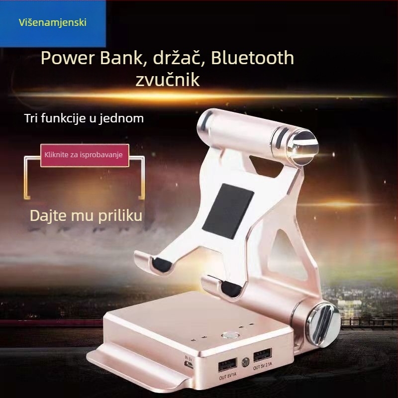 Višenamjenski Bluetooth zvučnik s nosačem za telefon i ugrađenom baterijom, izlazna snaga 3 W, napon 5 V, kapacitet baterije 2000–4000 mAh, Bluetooth domet do 10 m, frekvencijski odziv 100 Hz–20 kHz