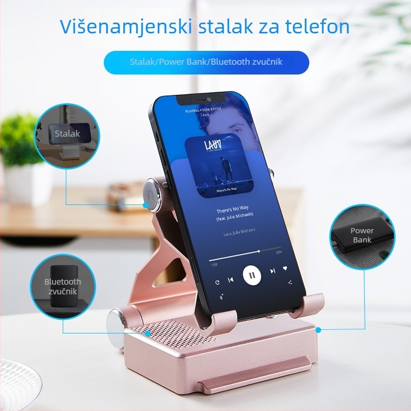 Višenamjenski Bluetooth zvučnik s nosačem za telefon i ugrađenom baterijom, izlazna snaga 3 W, napon 5 V, kapacitet baterije 2000–4000 mAh, Bluetooth domet do 10 m, frekvencijski odziv 100 Hz–20 kHz