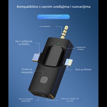 K15 bežični lavalier mikrofon – 3-u-1 za live video i zvuk, redukcija buke, mikrofon za kratke videozapise, Bluetooth 5.3, ugrađena baterija 3–6 sati