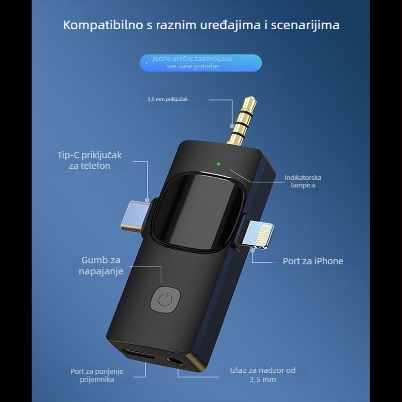 K15 bežični lavalier mikrofon – 3-u-1 za live video i zvuk, redukcija buke, mikrofon za kratke videozapise, Bluetooth 5.3, ugrađena baterija 3–6 sati