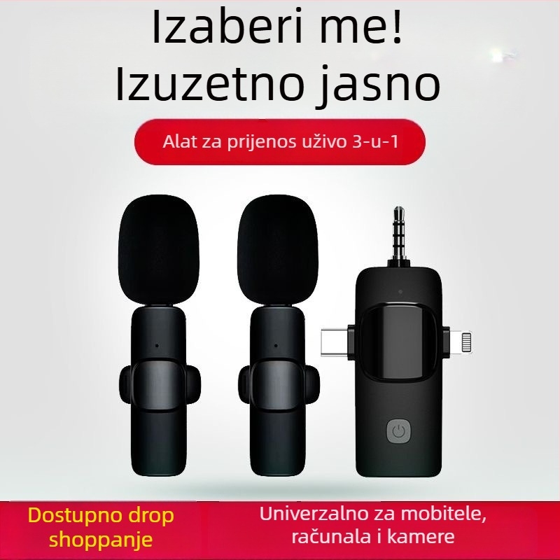 K15 bežični lavalier mikrofon – 3-u-1 za live video i zvuk, redukcija buke, mikrofon za kratke videozapise, Bluetooth 5.3, ugrađena baterija 3–6 sati