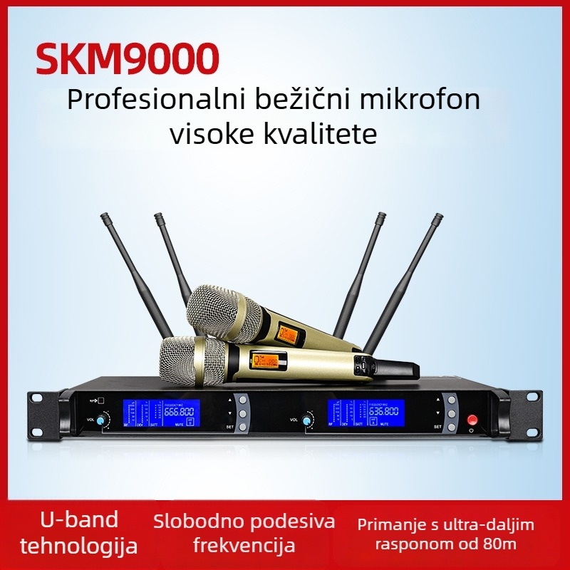 Bežični KTV mikrofon SKM9000, profesionalni mikrofon za pozornicu. Model SKM9000; tip mikrofona: KTV/profesionalni; ugrađena baterija 300–500 mAh; trajanje baterije 3–6 h; SNR ≥70 dB; nazivno napajanje 220V.