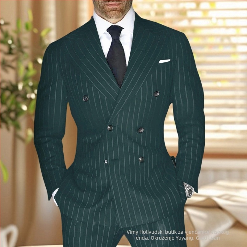 Muško prugasto odijelo, slim fit, rever s oštrim vrhom, dvostruka red gumba, prozračna poliester-mješavina, ljetna i svakodnevna upotreba