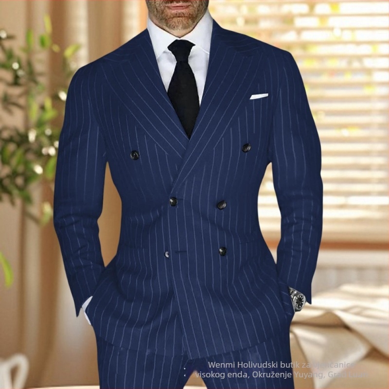 Muško prugasto odijelo, slim fit, rever s oštrim vrhom, dvostruka red gumba, prozračna poliester-mješavina, ljetna i svakodnevna upotreba