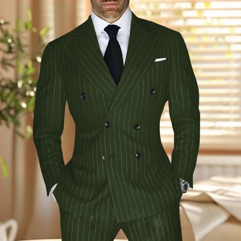 Muško prugasto odijelo, slim fit, rever s oštrim vrhom, dvostruka red gumba, prozračna poliester-mješavina, ljetna i svakodnevna upotreba