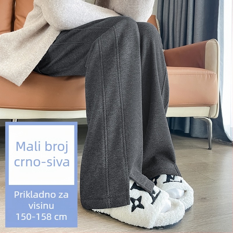 Ženske vunene hlače za jesen-zimu, visoki struk, flis podstava, široke nogavice, riblja kost uzorak