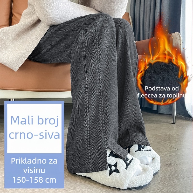 Ženske vunene hlače za jesen-zimu, visoki struk, flis podstava, široke nogavice, riblja kost uzorak