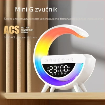 Bluetooth zvučnik s vremenom i budilicom, noćno svjetlo, bežično punjenje; Ugrađena baterija 1000–1200 mAh; Bluetooth 5.3; Izlazna snaga 5W; Frekvencijski odziv 100 Hz–20 kHz