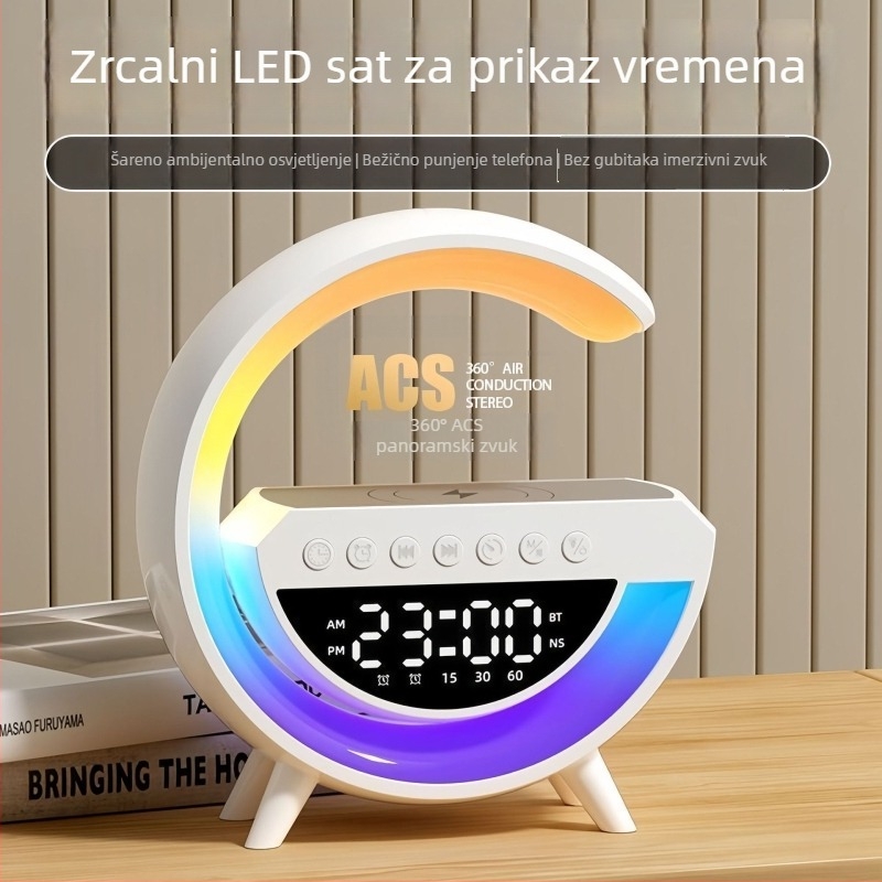 Bluetooth zvučnik s vremenom i budilicom, noćno svjetlo, bežično punjenje; Ugrađena baterija 1000–1200 mAh; Bluetooth 5.3; Izlazna snaga 5W; Frekvencijski odziv 100 Hz–20 kHz