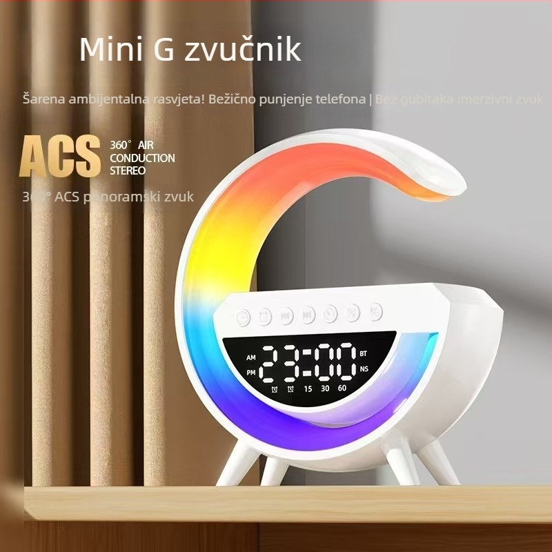 Bluetooth zvučnik s vremenom i budilicom, noćno svjetlo, bežično punjenje; Ugrađena baterija 1000–1200 mAh; Bluetooth 5.3; Izlazna snaga 5W; Frekvencijski odziv 100 Hz–20 kHz