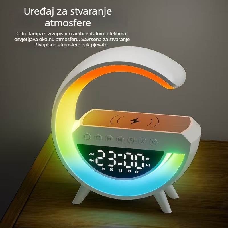 Bluetooth zvučnik s vremenom i budilicom, noćno svjetlo, bežično punjenje; Ugrađena baterija 1000–1200 mAh; Bluetooth 5.3; Izlazna snaga 5W; Frekvencijski odziv 100 Hz–20 kHz