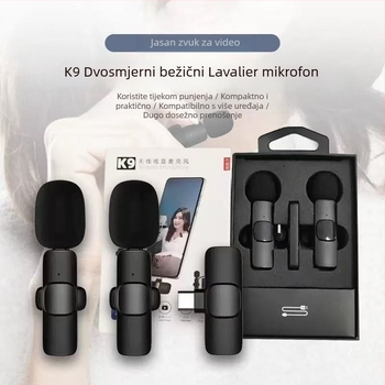 K9 dvostruki bežični lavalier mikrofon za prijenos uživo, profesionalno snimanje, 2,1-kanalni, Bluetooth 5.0, ugrađena baterija 50–100 mAh