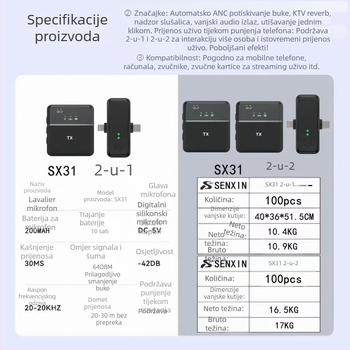 Lavalier mikrofon, omnidirekcionalan, ugrađena baterija 100–300 mAh, frekvencijski raspon 20 Hz–20 kHz, SNR ≥70 dB