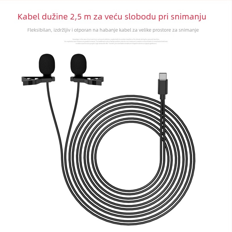 Type-C žični klips mikrofon, kondenzatorski mikrofon, klips dizajn, kabel 2.5 m, 20 Hz–20 kHz, SNR ≥75 dB