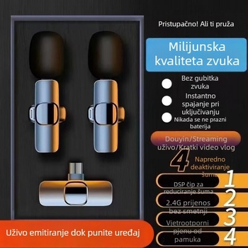 Bežični lavalier mikrofon s smanjenjem buke, prijenos 1 na 2, snimanje uživo, kompatibilan s Androidom i iOS-om, za vanjsku upotrebu