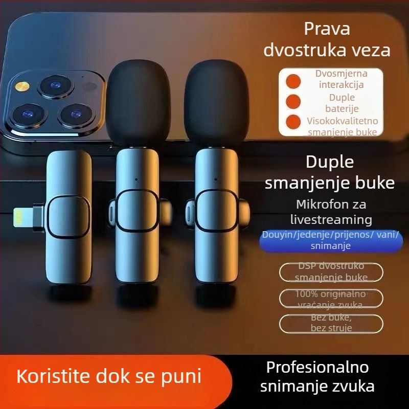 Bežični lavalier mikrofon s smanjenjem buke, prijenos 1 na 2, snimanje uživo, kompatibilan s Androidom i iOS-om, za vanjsku upotrebu