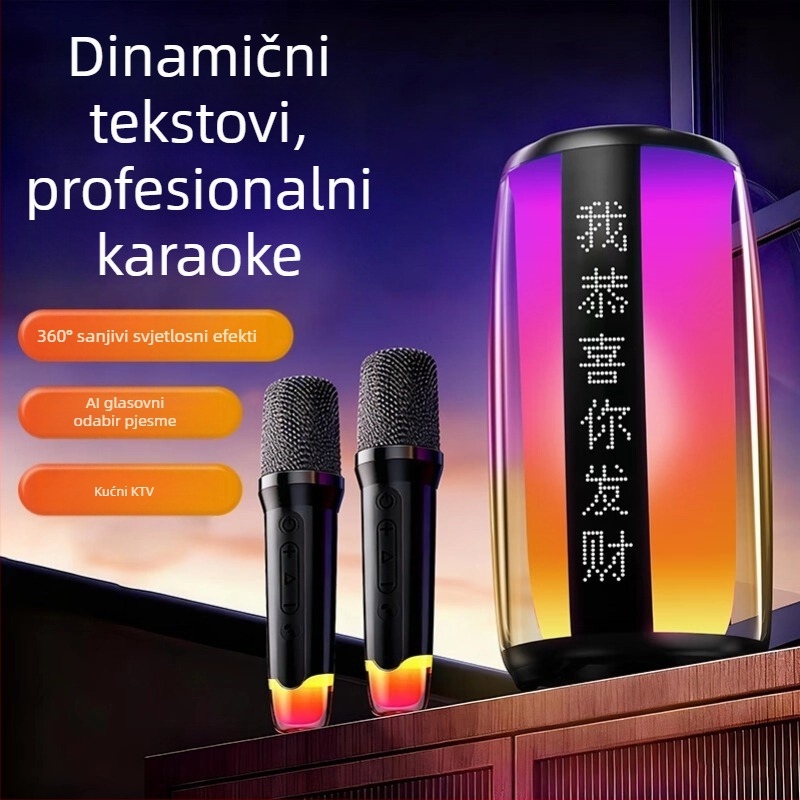 Karaoke Bluetooth zvučnik s dva mikrofona, zaslon teksta pjesme, ugrađena baterija (Bluetooth 5.3, 40 Hz-20 kHz, SNR ≥85 dB)