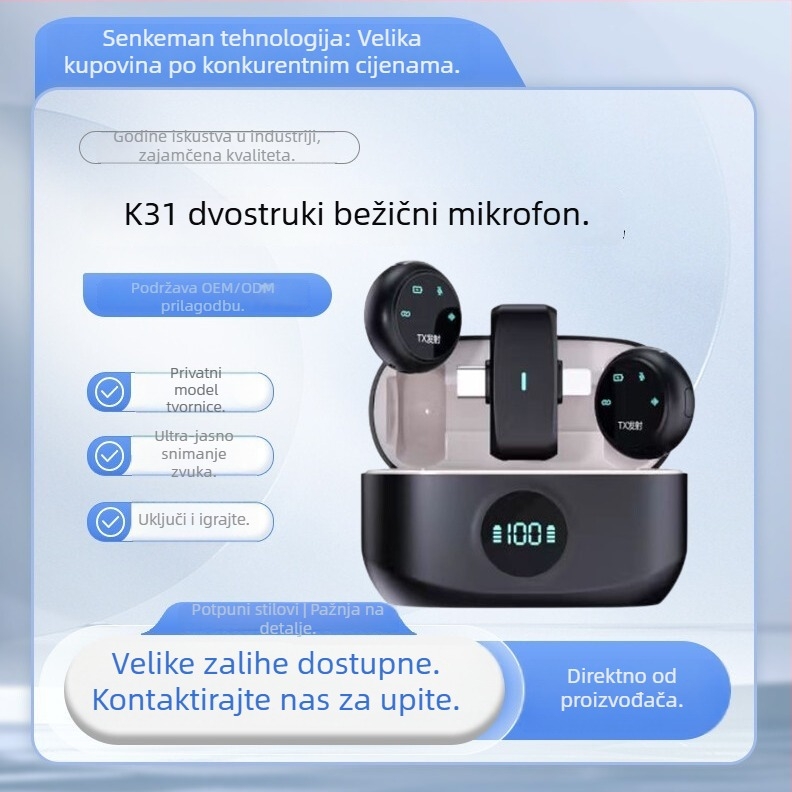 Lavalier mikrofon s ugrađenom baterijom, model K31, Bluetooth 5.3, 20 Hz–20 kHz, SNR ≥70 dB, trajanje baterije 3–6 h