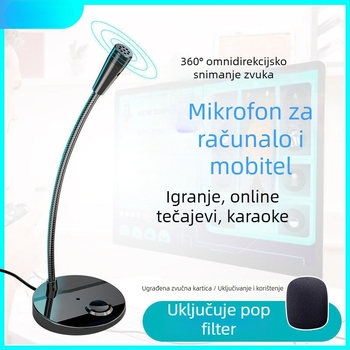 USB stolni mikrofon za online nastavu, prijenos uživo, karaoke, igre i konferencije, s 3,5 mm priključkom