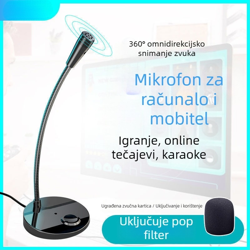 USB stolni mikrofon za online nastavu, prijenos uživo, karaoke, igre i konferencije, s 3,5 mm priključkom