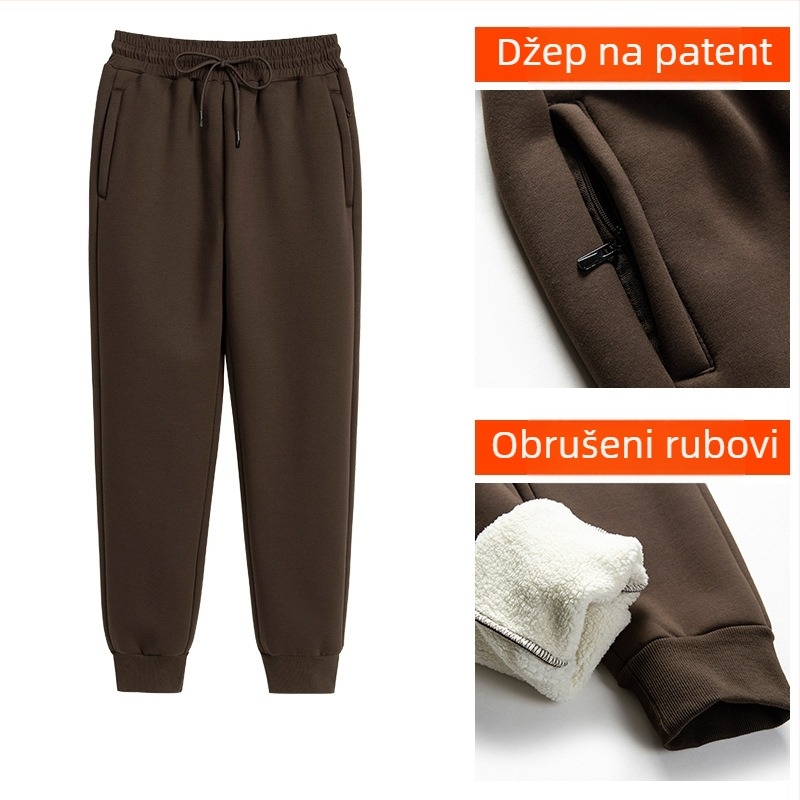 Ženske casual hlače s Sherpa podstavom, mješavina poliestera i elastana, visok struk, debela toplina, zima 2023