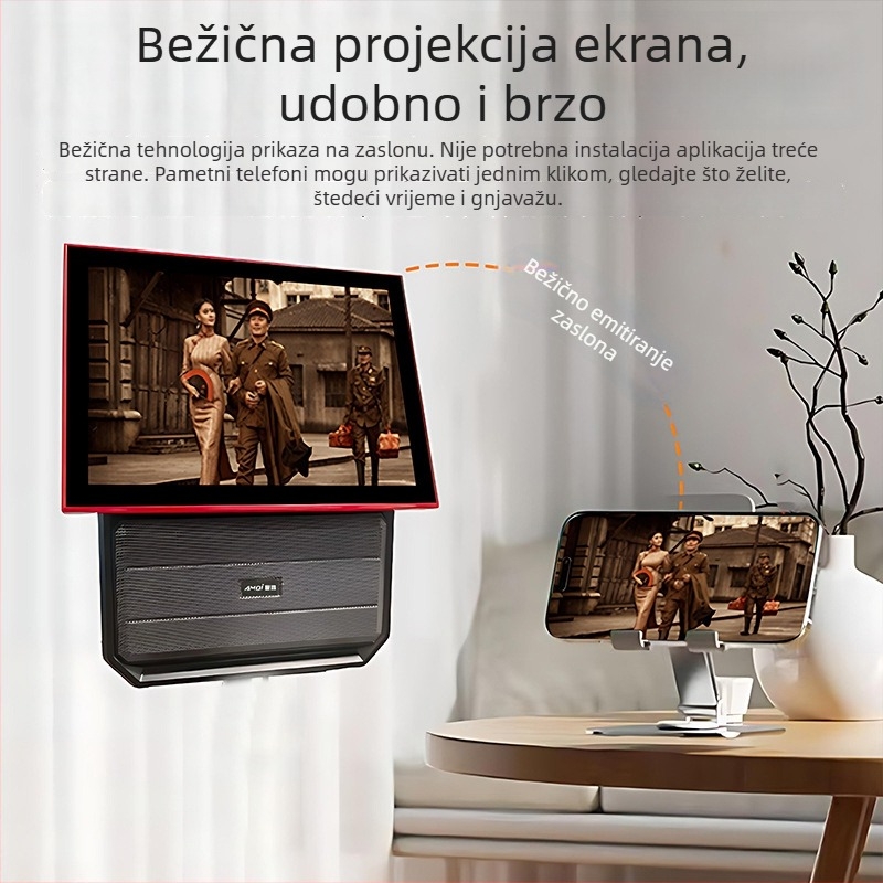 Bežični karaoke zvučnik sve-u-jednom s ugrađenim 14,1-inčnim zaslonom, baterija 6000mAh, Bluetooth 5.3, Wi‑Fi, frekvencijski odziv 20 Hz–20 kHz