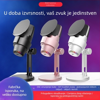 Kondenzatorski USB stolni mikrofon za snimanje i uživo prijenos, model M9, RGB osvjetljenje, SNR ≥75 dB, 5V napajanje