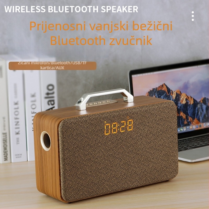 Prijenosni drveni Bluetooth zvučnik za vanjske karaoke, snažan zvuk, ugrađena baterija 4000-6000 mAh, Bluetooth 5.0, 40 W, domet 20 m