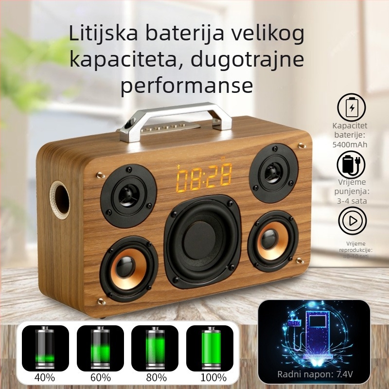 Prijenosni drveni Bluetooth zvučnik za vanjske karaoke, snažan zvuk, ugrađena baterija 4000-6000 mAh, Bluetooth 5.0, 40 W, domet 20 m
