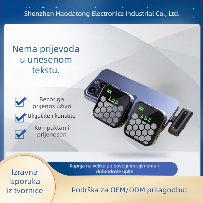 J33 Bežični lavalier mikrofon sustav (1:2) za vanjsku prijenos uživo; raspon frekvencija 20 Hz–20 kHz; SNR ≥70 dB; ugrađena baterija 300–500 mAh; trajanje 3–6 h