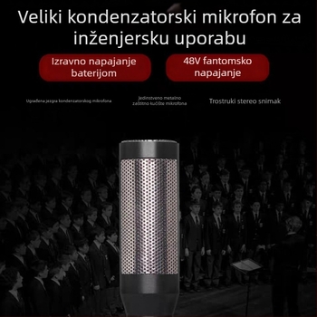 Kondenzatorski mikrofon za zbor, žični, namijenjen školskim nastupima i voditeljima na pozornici, u aluminijskoj kutiji za pakiranje, s dugim dometom snimanja.
