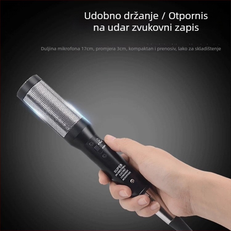 Kondenzatorski mikrofon za zbor, žični, namijenjen školskim nastupima i voditeljima na pozornici, u aluminijskoj kutiji za pakiranje, s dugim dometom snimanja.